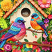Colorful illustration of two birds and a birdhouse surrounded by flowers and leaves.