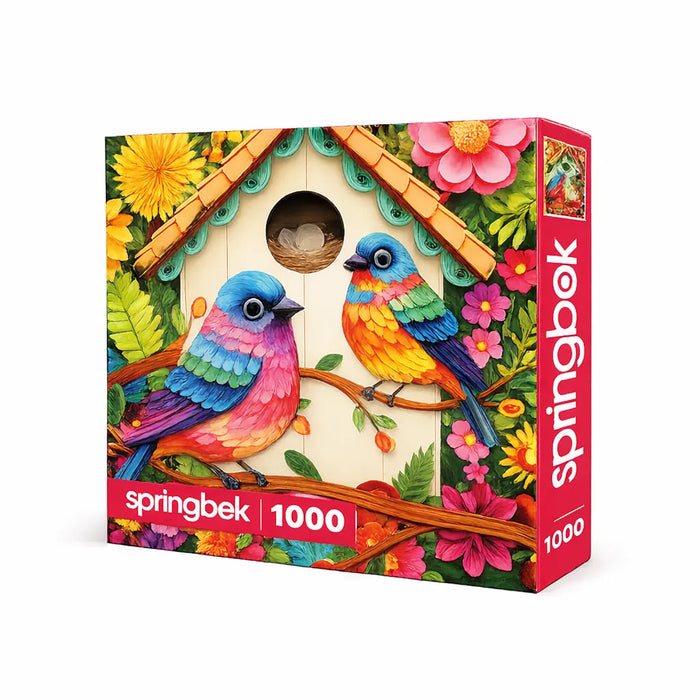 Colorful puzzle box with birds and a birdhouse design, featuring the brand 'springbek'.