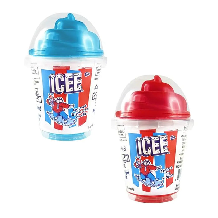Two ICEE cups with blue and red lids on a white background