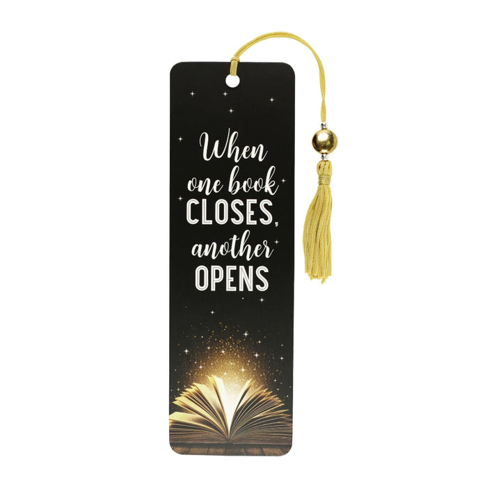 Beaded bookmark featuring the phrase "when one book closes another opens," measuring 2.5" wide by 7.125" high.