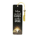 Beaded bookmark featuring the phrase "when one book closes another opens," measuring 2.5" wide by 7.125" high.