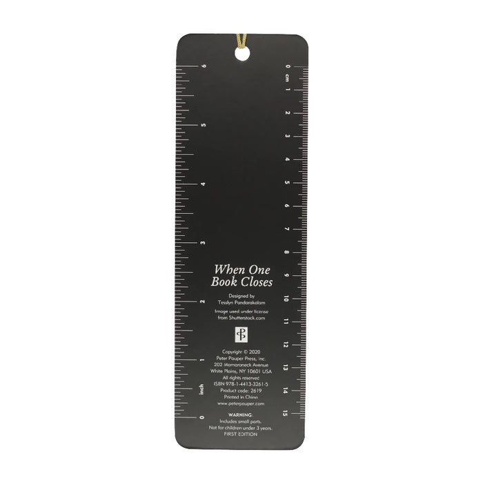 Beaded bookmark, 2.5" wide and 7.125" high, displaying the quote "when one book closes another opens."