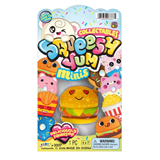 Packaged collectible toy 'Squishy Jum Minis' with colorful design on a white background
