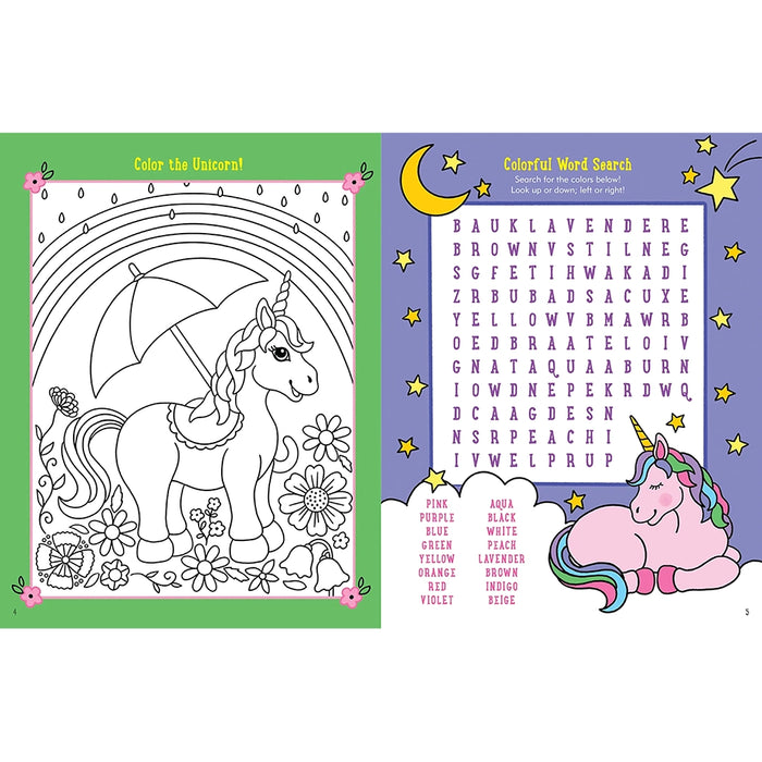 Unicorn-themed coloring and word search page with a rainbow and flowers on a green border.
