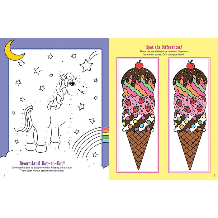 Coloring book pages with a unicorn, rainbow, and ice cream cones.