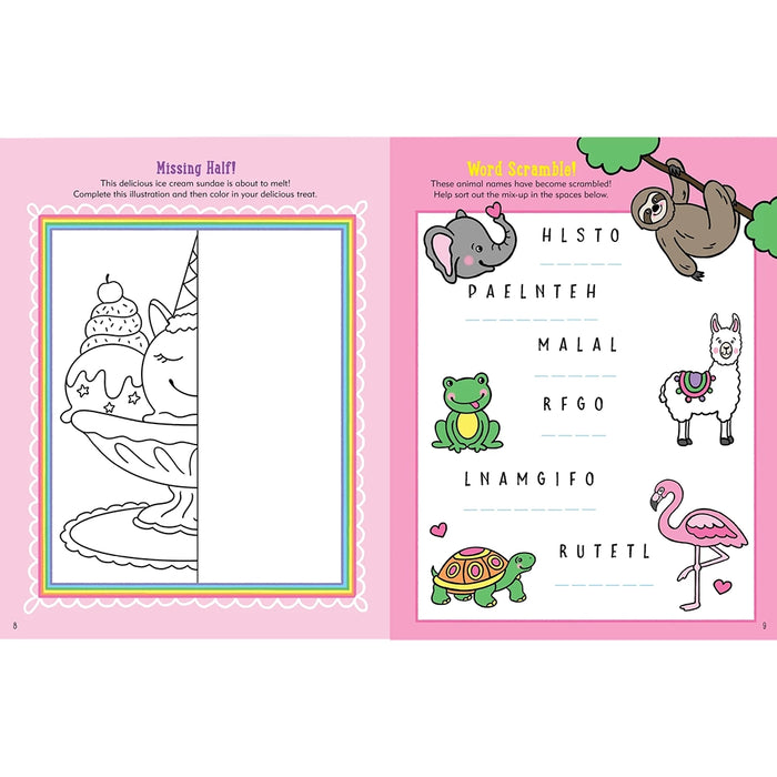 Coloring book page with ice cream sundae illustration and word scramble activity on pink background