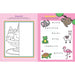 Coloring book page with ice cream sundae illustration and word scramble activity on pink background
