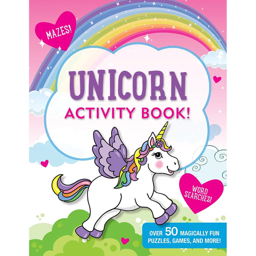 Unicorn activity book cover with a rainbow and clouds on a pink background