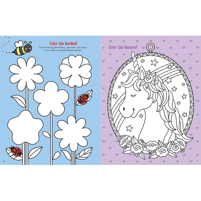 Coloring book page with a unicorn and flowers on a blue and purple background