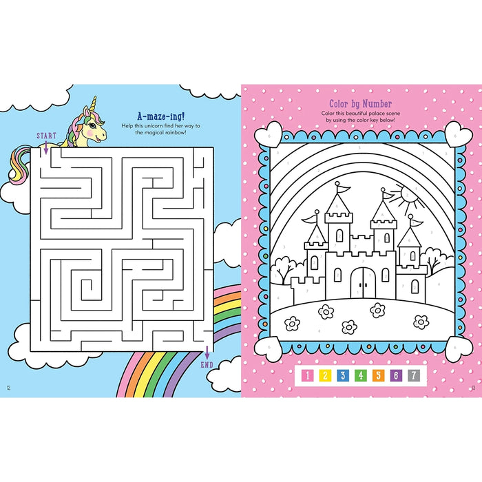 Educational children's book with maze and coloring page on a white background