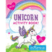 Unicorn activity book cover with a rainbow and clouds on a pink background