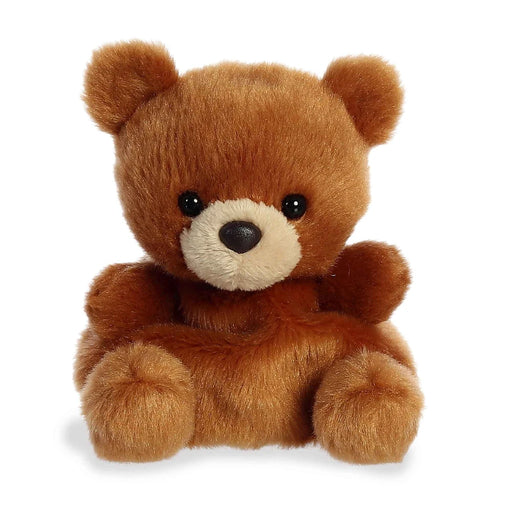 A brown teddy bear sitting upright on a plain white background.