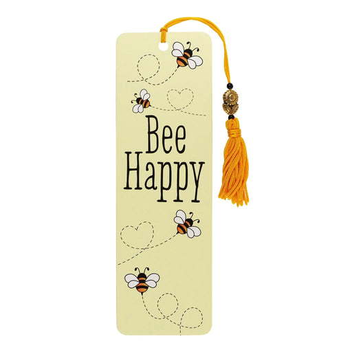 A colorful bookmark featuring a cheerful bee and the phrase "Bee Happy" in playful lettering.