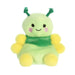 A green and yellow stuffed animal adorned with a pink bow, showcasing a playful and cheerful design.