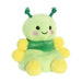 A plush toy featuring green and yellow colors, complemented by a charming pink bow, perfect for children.