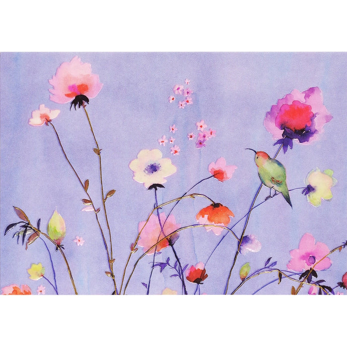 Colorful floral painting with birds on a light purple background
