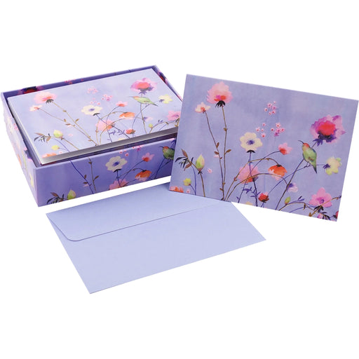 Floral card and envelope set with matching box on a white background
