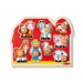 A wooden puzzle board featuring various farm animals, including cows, pigs, and chickens, designed for interactive play.