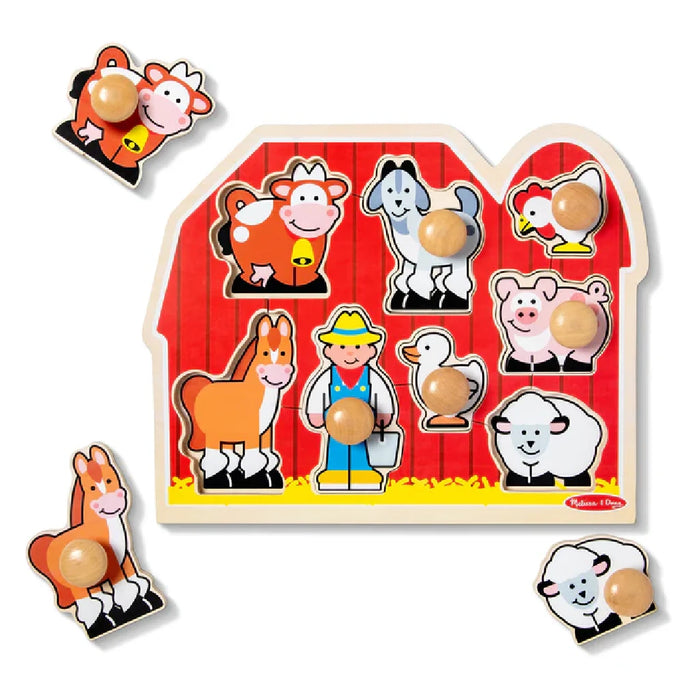 A colorful wooden puzzle board displaying farm animals like sheep, horses, and ducks, ideal for children's learning.