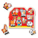 A colorful wooden puzzle board displaying farm animals like sheep, horses, and ducks, ideal for children's learning.
