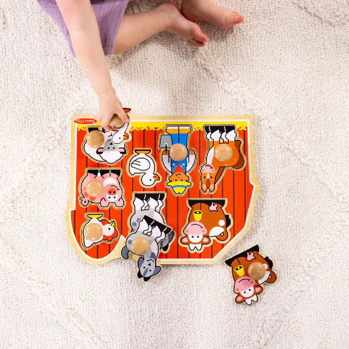 A wooden puzzle board depicting farm animals, featuring vibrant colors and shapes for interactive and educational play.