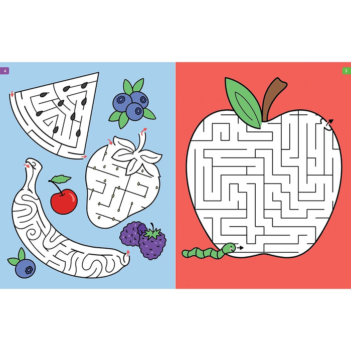 Fruit-themed maze activity sheet with blue and red backgrounds
