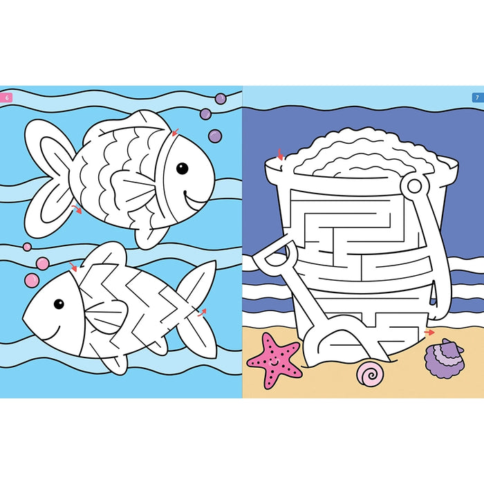 Coloring book page with two fish and a treasure chest maze on a beach theme.