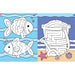 Coloring book page with two fish and a treasure chest maze on a beach theme.