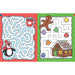 Two mazes with a penguin, gingerbread man, and gingerbread house on a red and green polka dot background.