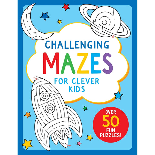 Book cover of 'Challenging Mazes for Clever Kids' with space-themed illustrations on a blue background.