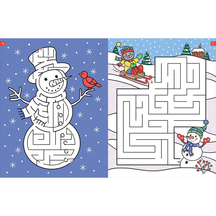 Coloring book page with a snowman, maze, and coloring activity on a winter-themed background.