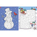 Coloring book page with a snowman, maze, and coloring activity on a winter-themed background.