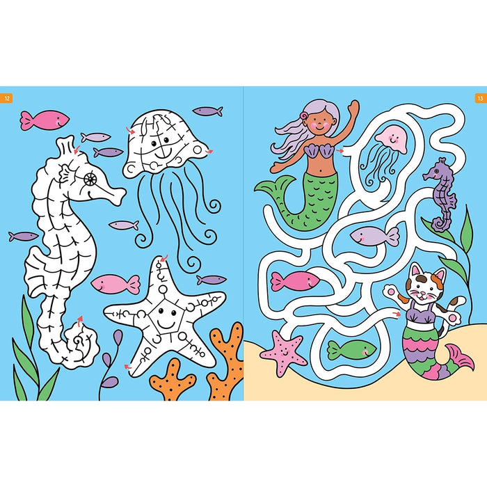 Children's activity book with ocean-themed maze and coloring pages on a blue background.
