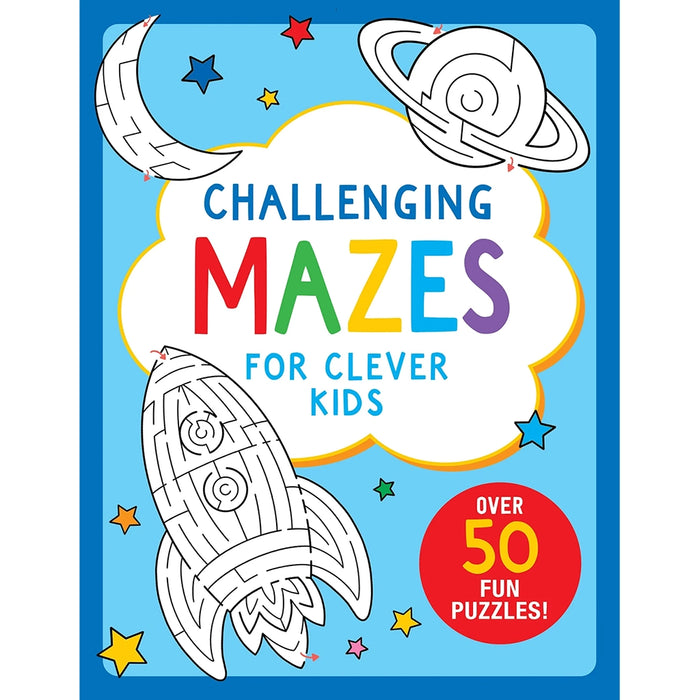 Book cover of 'Challenging Mazes for Clever Kids' with space-themed illustrations on a blue background.