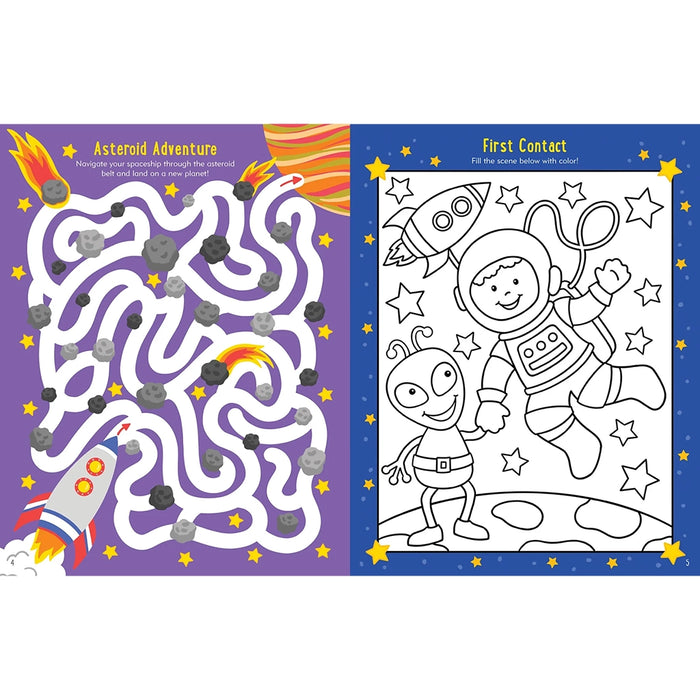 Space-themed activity book with maze and coloring page on a white background