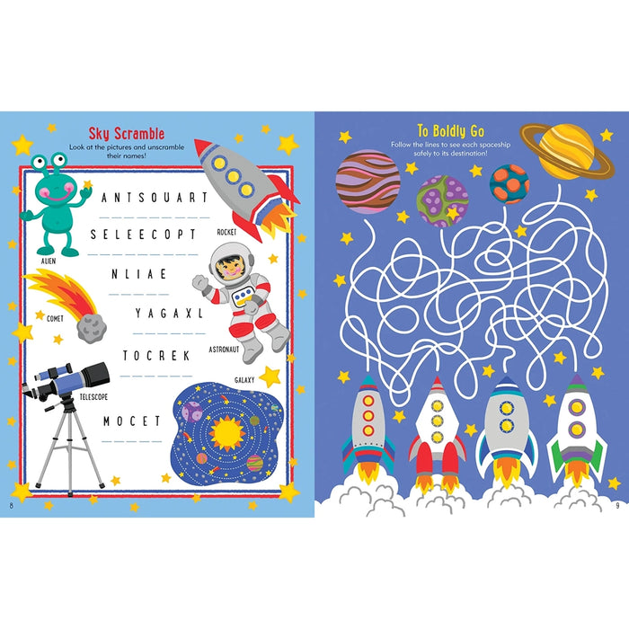 Children's activity book with space-themed puzzles and games on a blue background