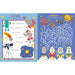 Children's activity book with space-themed puzzles and games on a blue background
