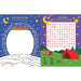 Children's activity book page with star chart, tent, and moon illustration.
