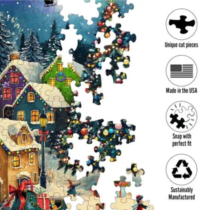 This Springbok Festive Christmas Village 500 Piece Jigsaw Puzzle captures a snow-dusted village alive with festive lights and holiday cheer.