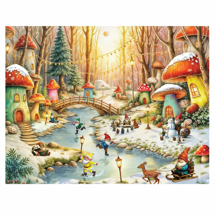 Springbok Gnomeland in Winter 500-piece jigsaw puzzle featuring whimsical gnomes in a snowy winter scene