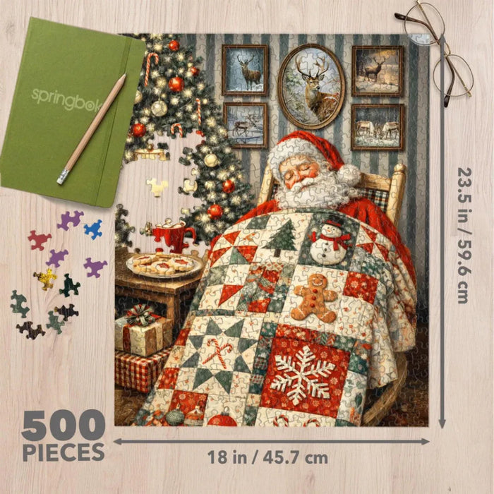 This Springbok Sleeping Santa 500 Piece Jigsaw Puzzle features a cozy scene of Santa catching some rest before his big night.
