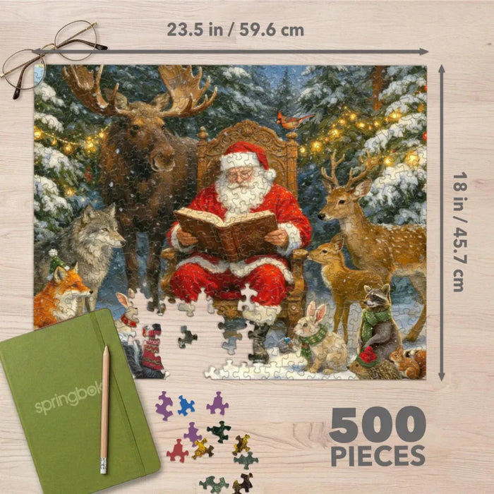 This Springbok Story Time with Santa 500 Piece Jigsaw Puzzle captures Santa reading holiday stories to wide-eyed children gathered around a glowing fireplace.