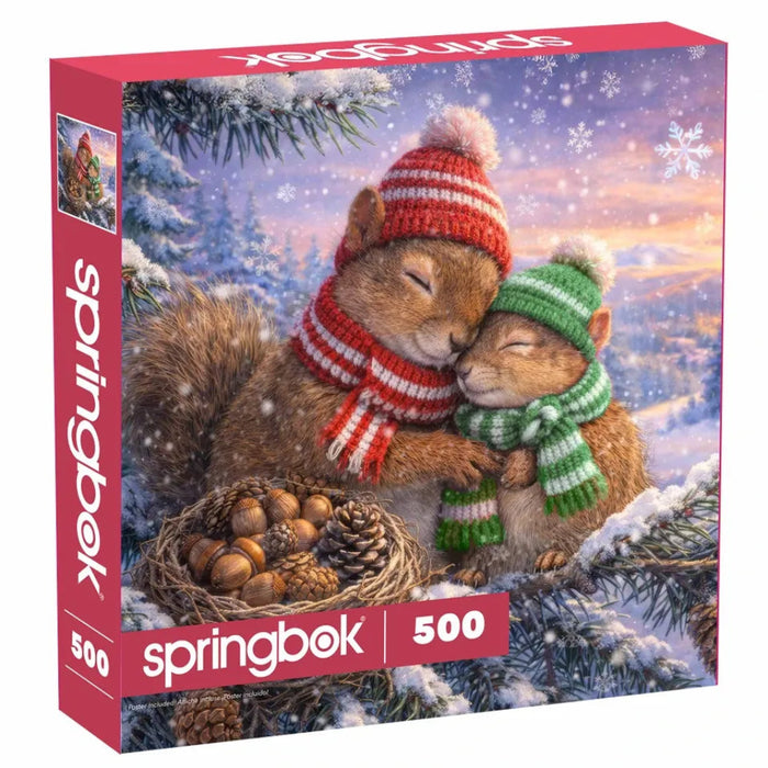 The Snowy Squirrels 500 Piece Jigsaw Puzzle features playful squirrels frolicking in a crisp, snow-covered landscape.