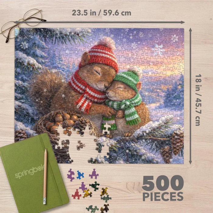 The Snowy Squirrels 500 Piece Jigsaw Puzzle features playful squirrels frolicking in a crisp, snow-covered landscape.