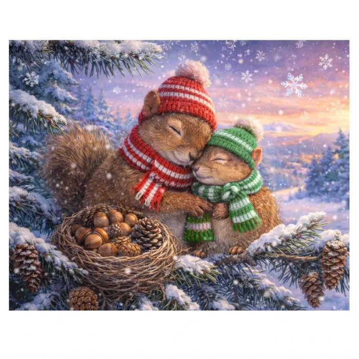 The Snowy Squirrels 500 Piece Jigsaw Puzzle features playful squirrels frolicking in a crisp, snow-covered landscape.