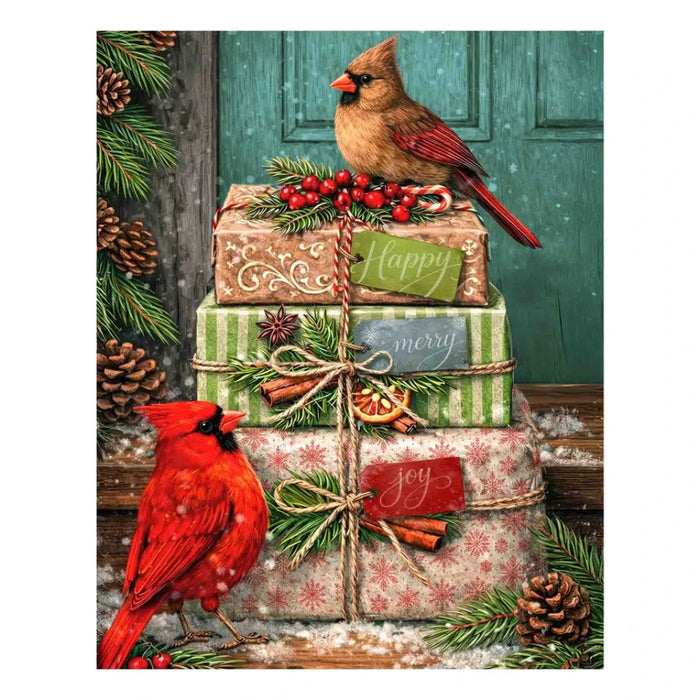 This Springbok Cardinal Couriers 500 Piece Jigsaw Puzzle features a fleet of bright red cardinal birds delivering mail across a snowy winter scene. 
