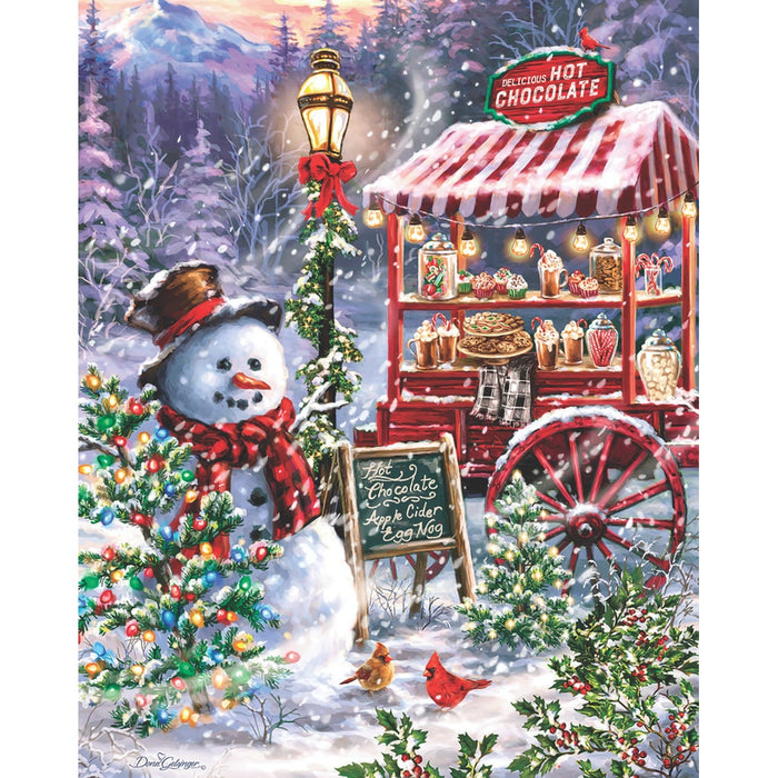 Winter scene with a snowman, hot chocolate cart, and Christmas tree in a snowy landscape.