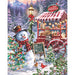 Winter scene with a snowman, hot chocolate cart, and Christmas tree in a snowy landscape.