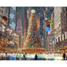 Decorative Christmas tree in a city street with tall buildings and festive lights.