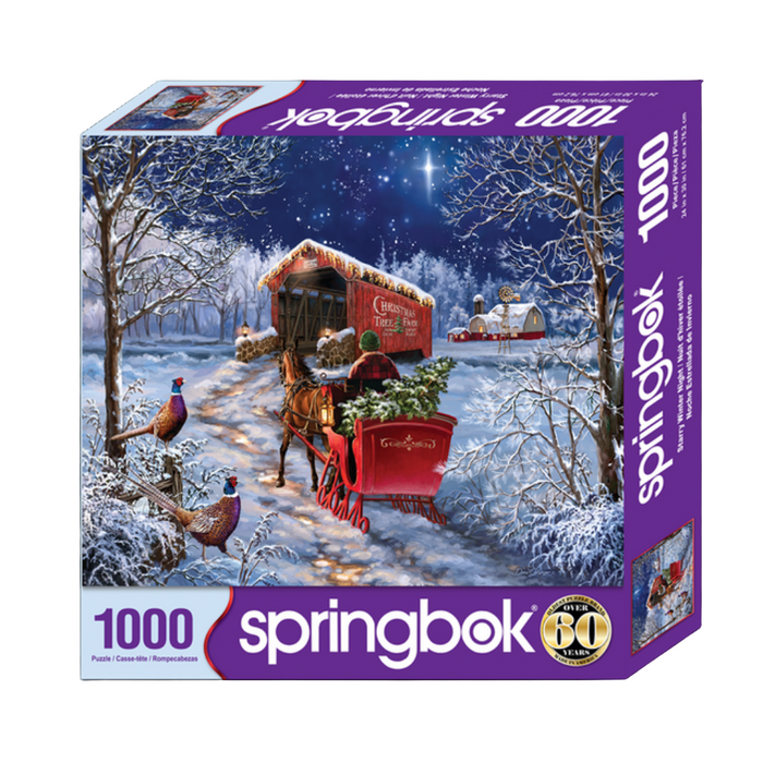 Springbok puzzle box with a winter scene featuring a covered wagon and horse.